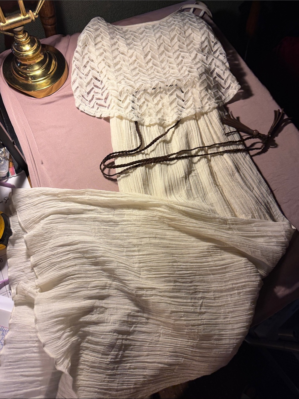 Rue21 Cream Maxi Dress with Lace Bodice and Braided Waist